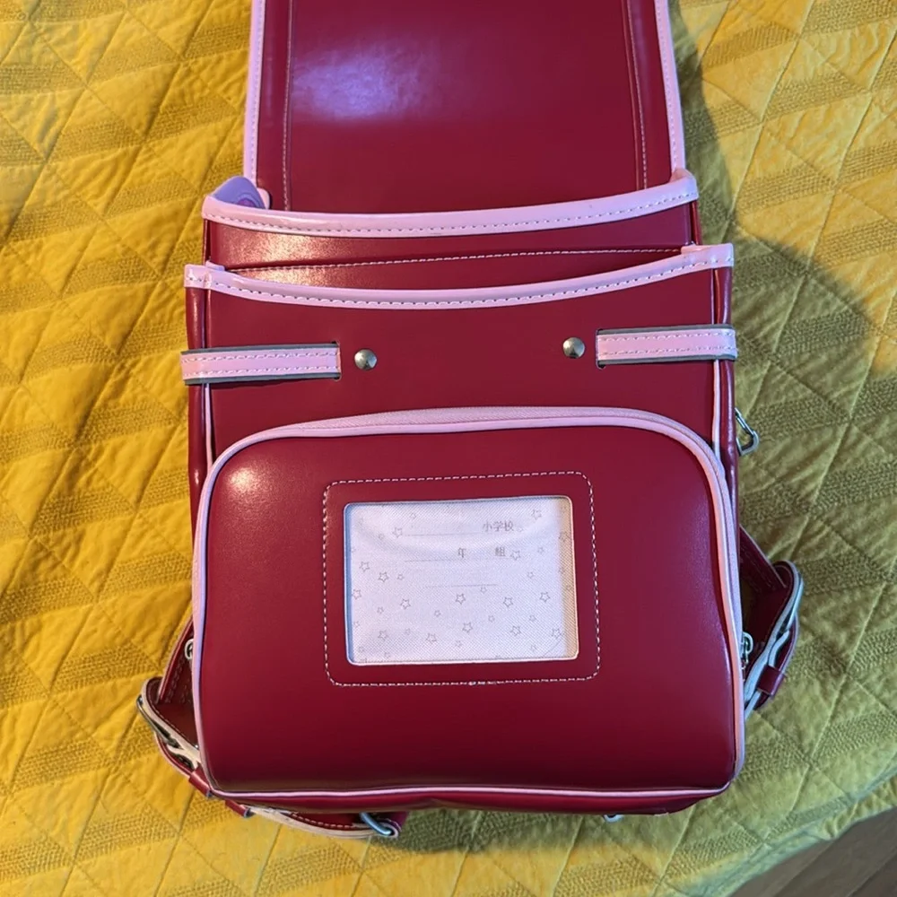 Red Japanese School Bag with pink trim and reflective stripes. - Picture 7 of 13